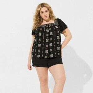 Torrid - Embroidered Square Neck Flutter Short Sleeve Top in Deep Black​​​​​​